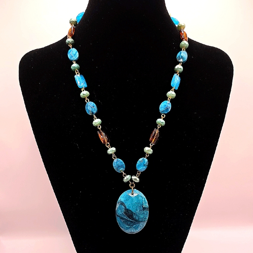 Faux Gemstone Bluetone Beaded Necklace